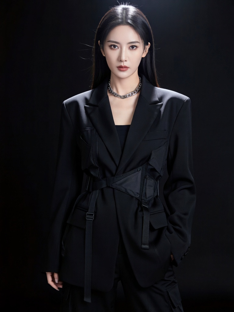 DJYS, 短剧影视人像质感,冷艳飒爽的现代女性站在纯黑哑光背景正中,眼神锐利坚定,身着黑色机能风西装套装,搭配金属锁骨链,顶光柔和落下,强化面部立体感与服饰线条,简洁背景让人物气场成为核心