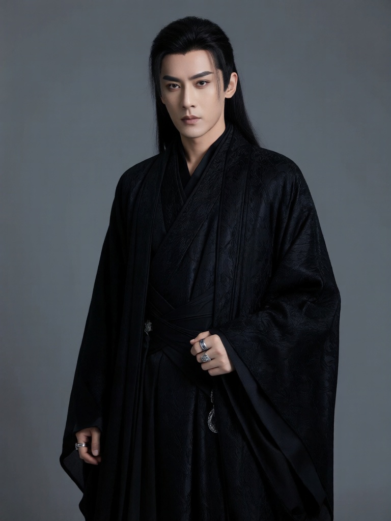 DJYS, 短剧影视人像质感,眉眼阴鸷的冷峻反派站在墨灰纯色背景中央,气场压迫十足,身穿暗纹黑色长袍,指尖戴银质戒指,低饱和光影强化冷峻感,极简背景突出人物的反派张力