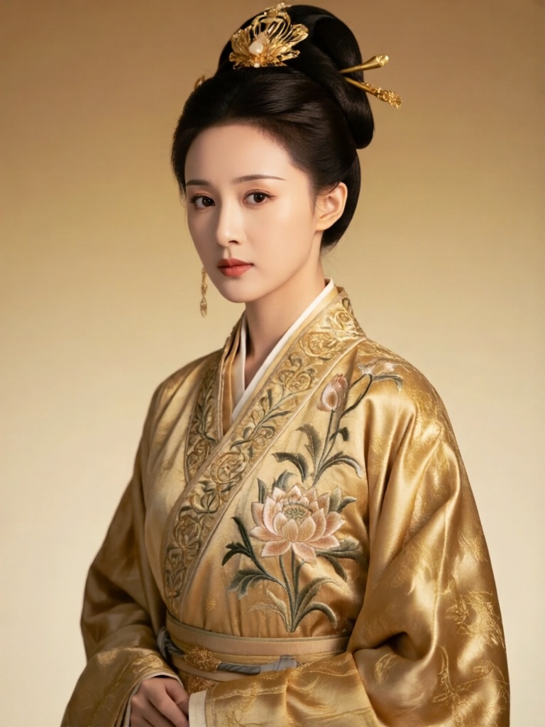 DJYS, 短剧影视人像质感,金簪绾发的宫廷贵女立于素金渐变极简背景前,神态高贵疏离,身穿织金缎面宫装,领口绣缠枝莲纹,柔光映衬衣料光泽,简洁背景尽显皇家气韵