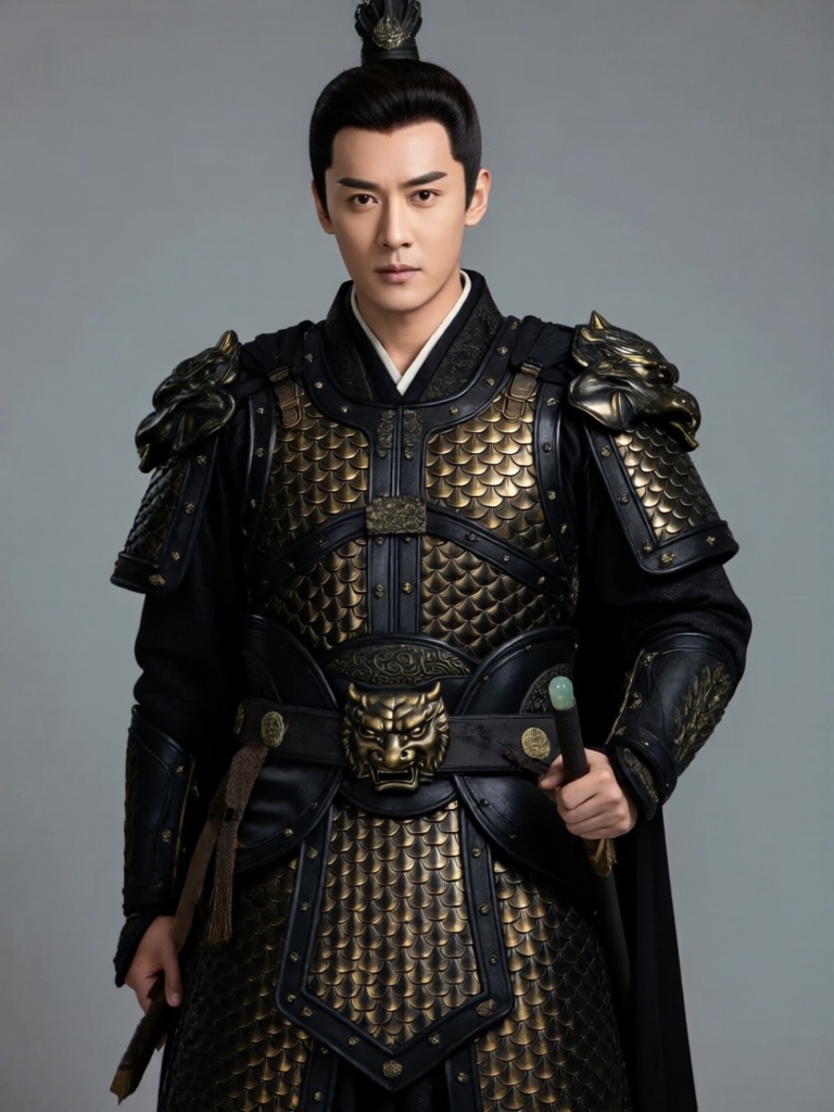 DJYS, 短剧影视人像质感,披甲古风将军立于铁灰哑光背景中央,神情威严霸气,身穿黑金鳞甲战甲,腰系兽纹玉带,硬光勾勒铠甲质感,纯色背景尽显将军的威武气场