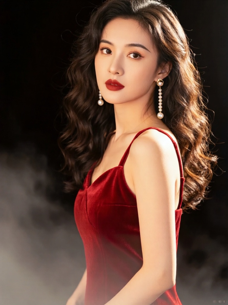DJYS, 短剧影视人像质感,卷发港风美女立于雾黑朦胧背景前,眉眼妩媚风情,身穿红色丝绒吊带裙,佩戴珍珠耳坠,暖调侧光塑造复古轮廓,纯色背景放大人物的明艳魅力