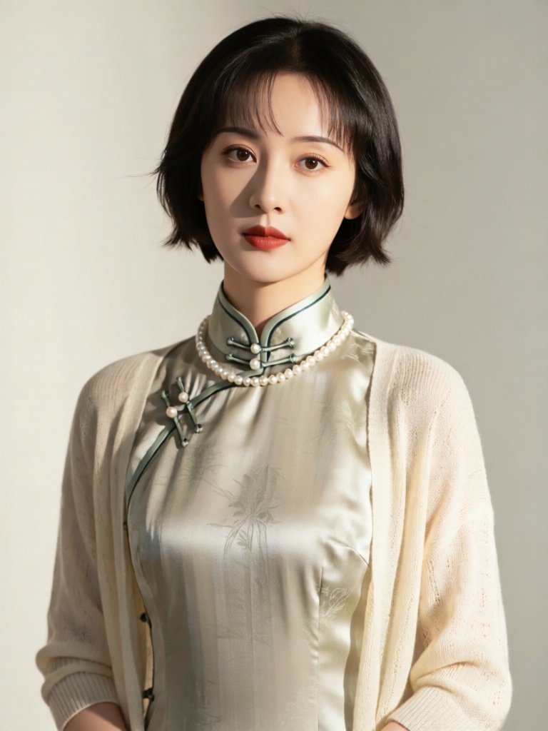 DJYS, 短剧影视人像质感,短发利落的民国千金静立于米白纯色背景前,眼神灵动矜贵,身穿收腰缎面旗袍,领口缀珍珠盘扣,外搭薄款针织开衫,柔和侧光勾勒肩颈线条,背景极简留白,尽显复古雅致的人物气质