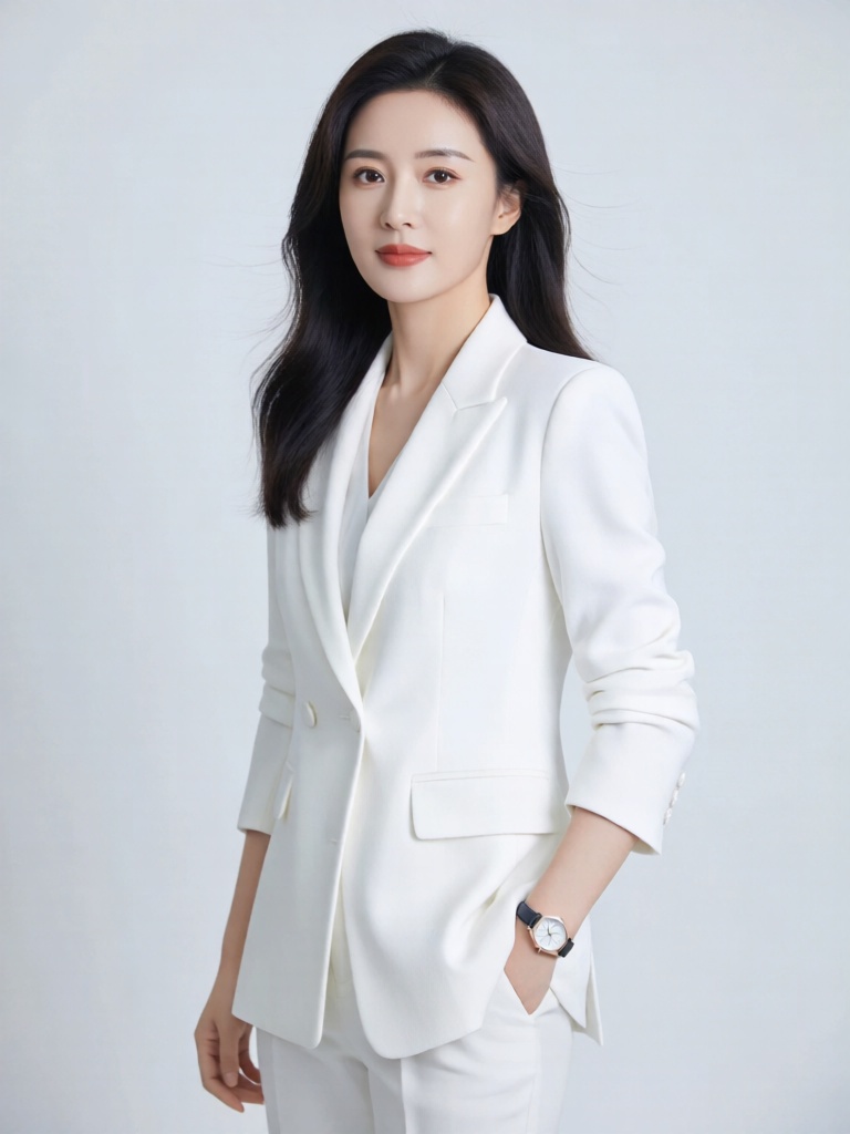 DJYS, 短剧影视人像质感,干练职场精英女性立于纯白纯色背景前,眼神自信从容,身穿白色剪裁西装,搭配简约腕表,正面柔光塑造专业形象,极简背景凸显职场女性的知性气场