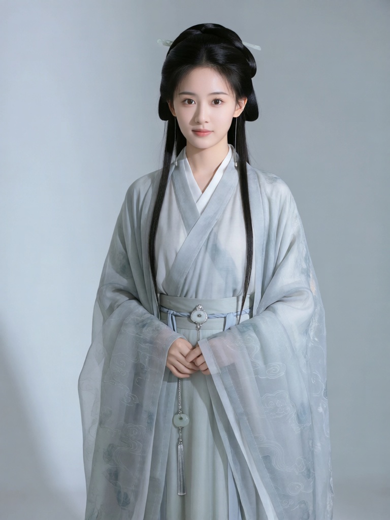 DJYS, 短剧影视人像质感,青丝挽髻的古装少女立于纯浅灰极简影棚中央,目光温婉沉静,身着交领素色襦裙,外搭薄纱云纹披风,腰间系素银玉佩,正面柔光均匀铺展,弱化阴影凸显衣物质感与面部轮廓,背景干净无杂,整体氛围清雅温婉,人物主体视觉焦点突出