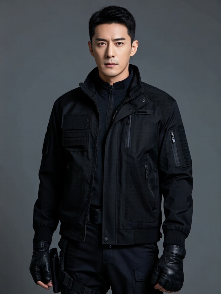 DJYS, 短剧影视人像质感,面容硬朗的特工型男站在深灰纯色背景中央,神情冷峻果决,身着黑色战术夹克,搭配皮质手套,正面硬光塑造面部棱角,简洁背景凸显人物的干练与力量感