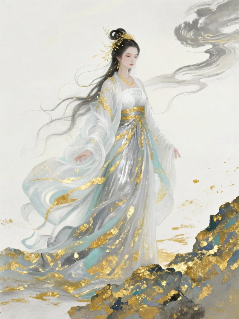 GFYC, 国风金箔岩彩画,一袭月白广袖流仙裙的清冷神女静立留白素底之上,发丝与衣袂嵌以细碎金箔,岩彩厚涂堆叠出肌肤与绸缎的肌理,淡青与银灰晕染衣身,背景仅以浅墨晕开一抹流云,笔触苍劲细腻,金箔微光流转,尽显绝尘仙气
