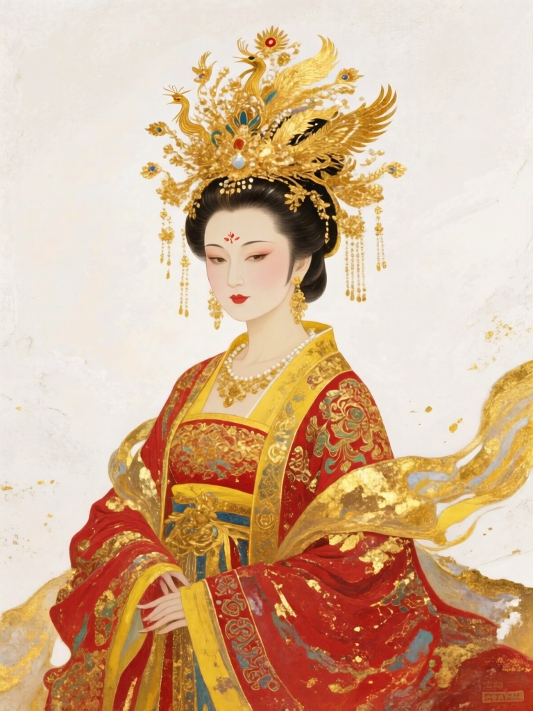 GFYC, 国风金箔岩彩画,头戴凤冠的大唐贵妃雍容而立,绯红与明黄岩彩铺陈宫装,金箔满饰凤冠与织金纹样,背景为素白极简底色,岩彩质感华贵,金箔璀璨夺目,尽显盛唐雍容气度