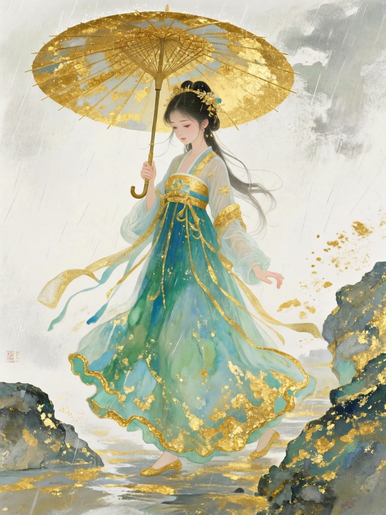 GFYC, 国风金箔岩彩画,持伞漫步的烟雨少女身姿轻盈,石青与豆绿岩彩晕染罗裙,金箔镶饰伞面与裙边,背景为淡墨留白,岩彩晕染柔和,金箔微光细碎,江南温婉气韵十足