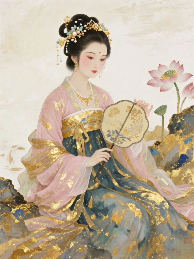 GFYC, 国风金箔岩彩画,温婉江南仕女手持团扇端坐,藕粉与黛青岩彩晕染襦裙,金箔点缀发间珠花与扇面纹样,背景是素净米白留白,岩彩堆叠出织物绒感,金箔微光雅致,氛围恬静柔美
