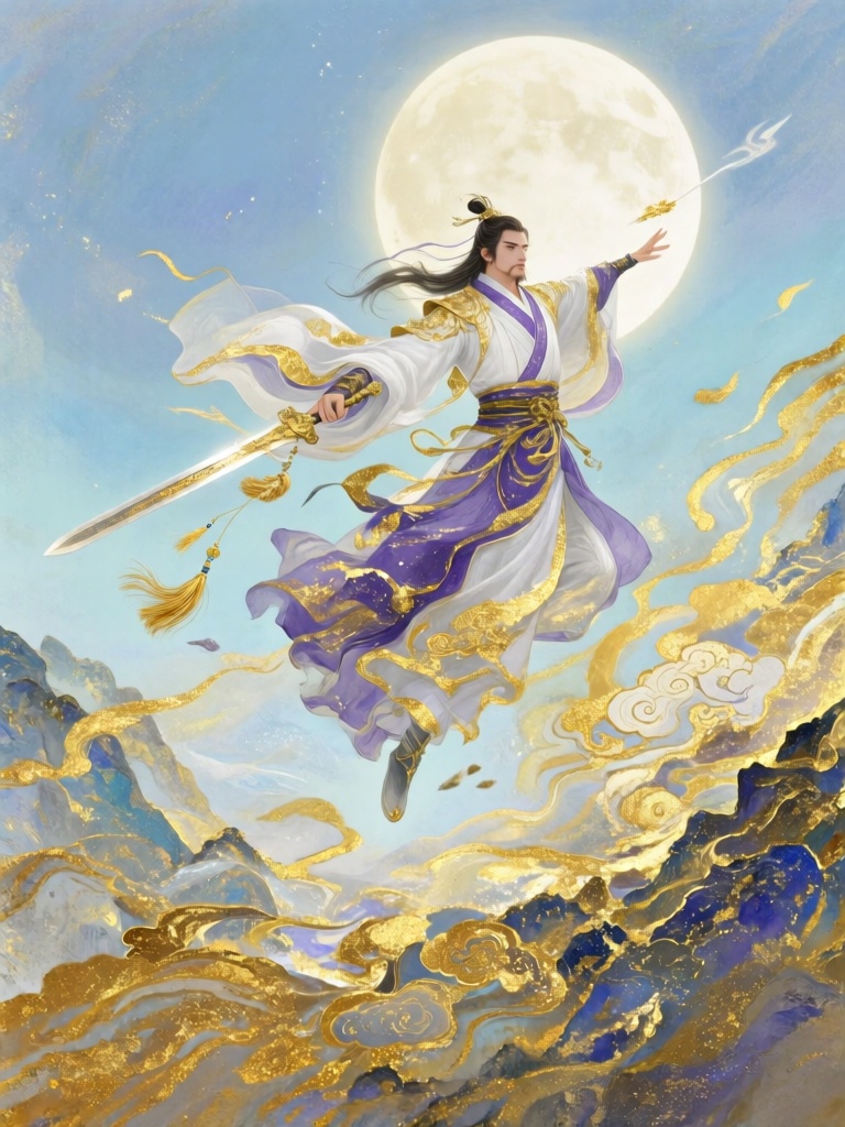 GFYC, 国风金箔岩彩画,御剑飞行的仙侠道者凌空而立,月白与玄紫岩彩构织道袍,金箔勾勒云纹与剑穗,背景为浅蓝渐变空境,岩彩堆叠飘逸,金箔随动流光,仙气飘然出尘