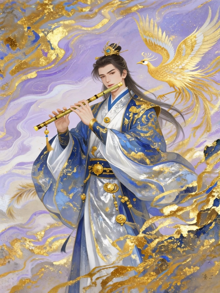 GFYC, 国风金箔岩彩画,吹箫引凤的古装公子临风而立,石青与银白岩彩绘就锦袍,金箔饰于箫管与衣扣,背景为淡紫流云底,岩彩飘逸俊朗,金箔雅致流光,风姿卓然无双