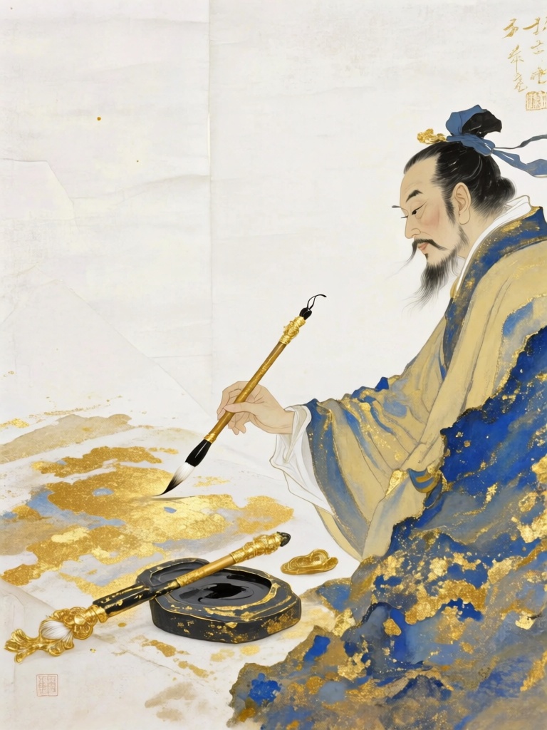 GFYC, 国风金箔岩彩画,提笔作画的文人墨客侧身挥毫,藏蓝与米黄岩彩绘就长衫,金箔饰于笔杆与砚台,背景为素白宣纸底色,岩彩层次清雅,金箔简约点缀,文人风骨尽显