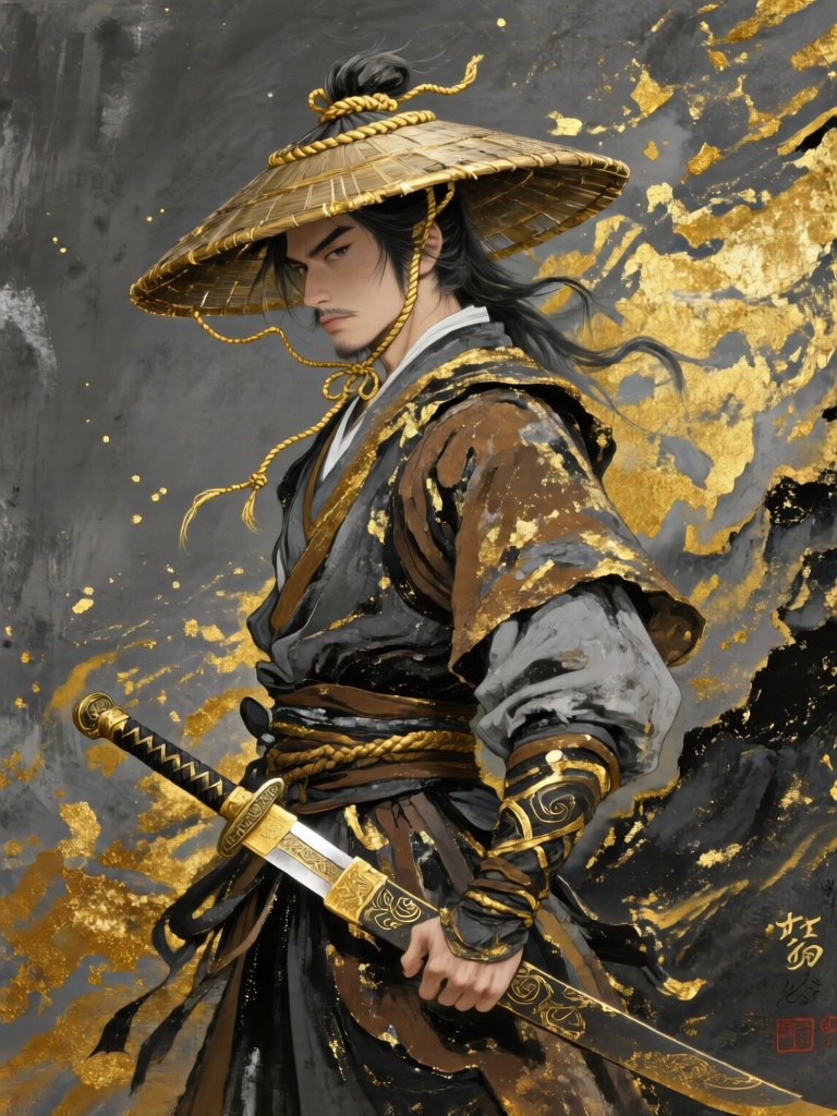 GFYC, 国风金箔岩彩画,头戴斗笠的江湖浪客侧身伫立,灰黑与棕褐岩彩堆叠劲装,金箔勾勒斗笠绳结与刀柄纹路,背景为炭灰单色底,笔触硬朗飒爽,金箔低调点睛,江湖气息浓烈