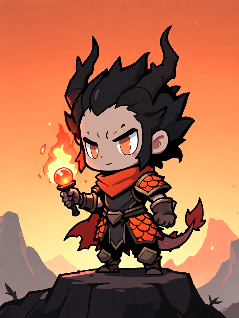 KTGN, Q 版卡通游戏概念设计,小龙裔Q 版少年头顶龙角,身披橙红鳞甲,握着迷你火焰珠,站在火山岩台之上,背景为橘灰渐变火山远景,硬朗线条勾勒形体,橙红、炭黑平涂配色,鳞甲处做暗部阴影,整体热烈灵动,兼具霸气与可爱