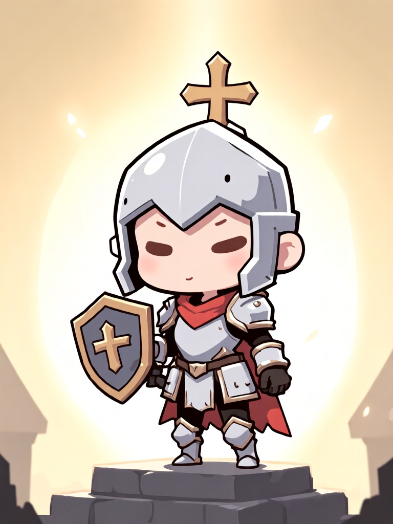 KTGN, Q 版卡通游戏概念设计,Q 版圣殿骑士身着银白铠甲,头戴十字头盔,手持迷你盾牌,站在圣光石台之上,背景为淡金纯色柔光,规整线条塑造形体,白金、浅红平涂配色,铠甲接缝做暗部处理,对称构图庄重柔和,传递圣洁萌感
