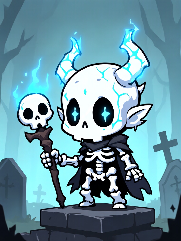 KTGN, Q 版卡通游戏概念设计,骨精灵Q 版形象通体莹白,带着细碎蓝光纹路,手持骨制短杖,立于墓碑石台之上,背景是淡青幽冥雾景,简约冷峻线条,白、浅蓝、炭黑平涂为主,骨骼接缝做暗部阴影,诡异又呆萌,充满暗黑奇幻感