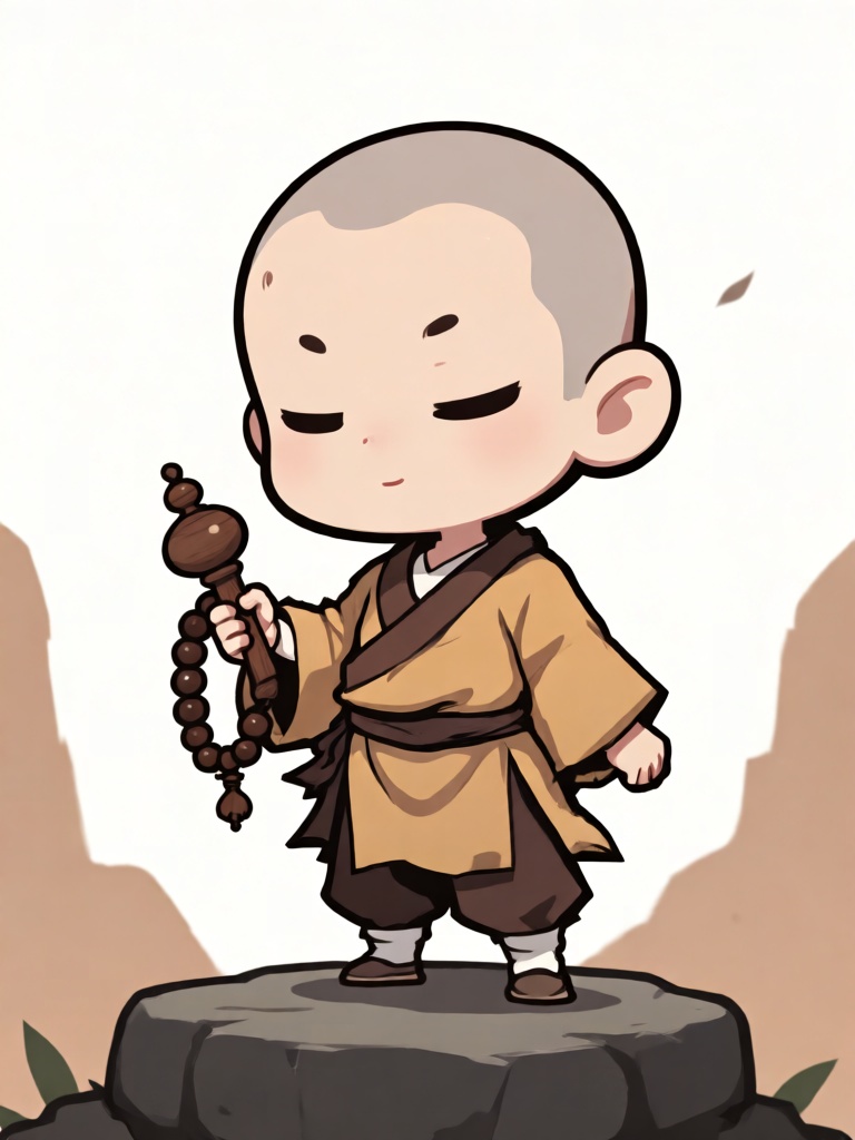 KTGN, Q 版卡通游戏概念设计,Q 版武僧少年光头素衣,手持木质念珠,站在菩提石台之上,背景为浅棕禅意留白,简洁质朴线条,土黄、深棕、米白平涂配色,衣褶做浅阴影塑造层次,构图沉稳平和,禅意与萌感兼具
