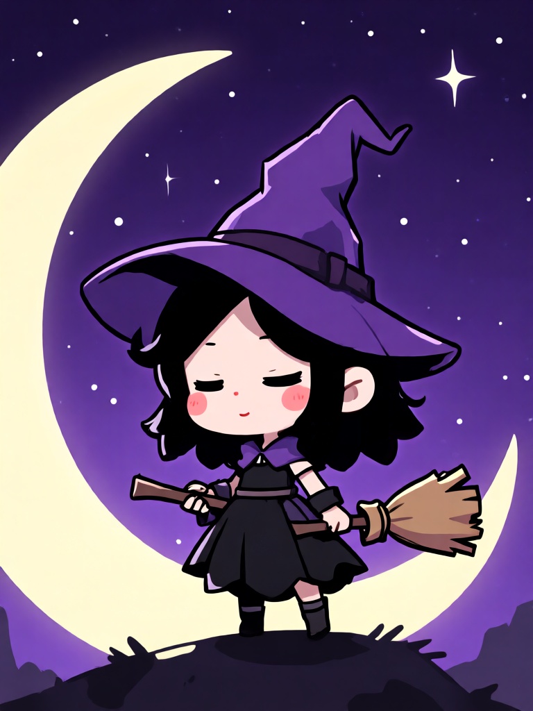 KTGN, Q 版卡通游戏概念设计,Q 版女巫少女戴着尖顶紫帽,手持迷你扫帚,立于弯月边缘,背景是深紫星空,简约轮廓线条,以紫、黑、鹅黄平涂为主,帽檐与裙摆做浅阴影,脸颊带红晕,构图轻盈梦幻,营造神秘可爱的魔法氛围