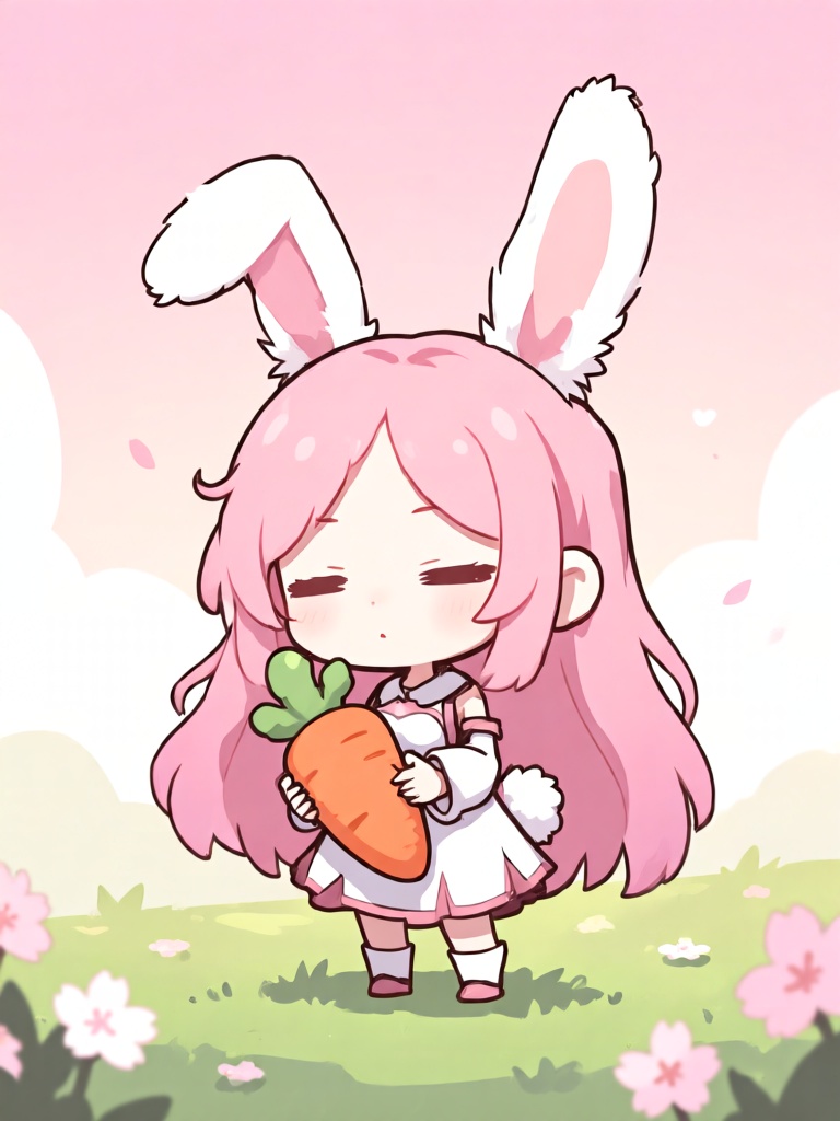 KTGN, Q 版卡通游戏概念设计,兔耳Q 版少女有着粉色长发与长绒兔耳,抱着胡萝卜抱枕,站在樱花草坪上,背景是淡粉渐变天空,柔和曲线轮廓,以粉白、浅橙平涂为主,发丝与耳毛做轻量阴影,画面留白充足,氛围甜美软萌,治愈感十足