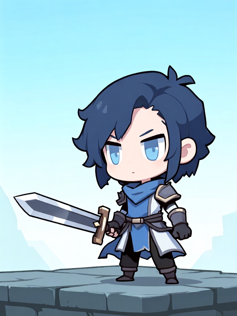 KTGN, Q 版卡通游戏概念设计,Q 版剑士少年留着利落深蓝短发,手持宽刃迷你巨剑,站在青灰色石板平台中央,背景为极简淡青渐变天空,干净线条塑造形体,蓝白灰平涂色块搭配衣甲浅阴影增加体积感,剑刃的金属质感与软质布料形成对比,画面平衡规整,尽显英气可爱的战斗气质
