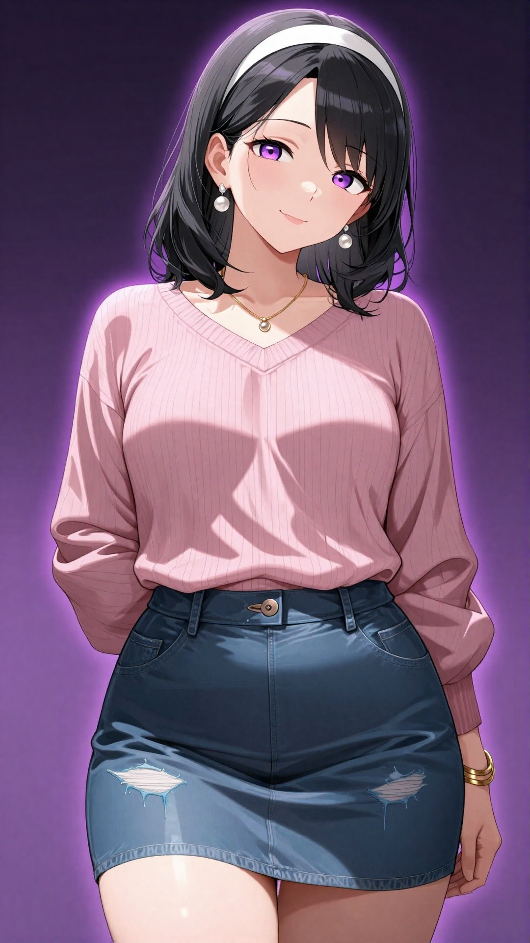 This digital anime-style illustration features a young woman with medium-length black hair and purple eyes. She is smiling...
