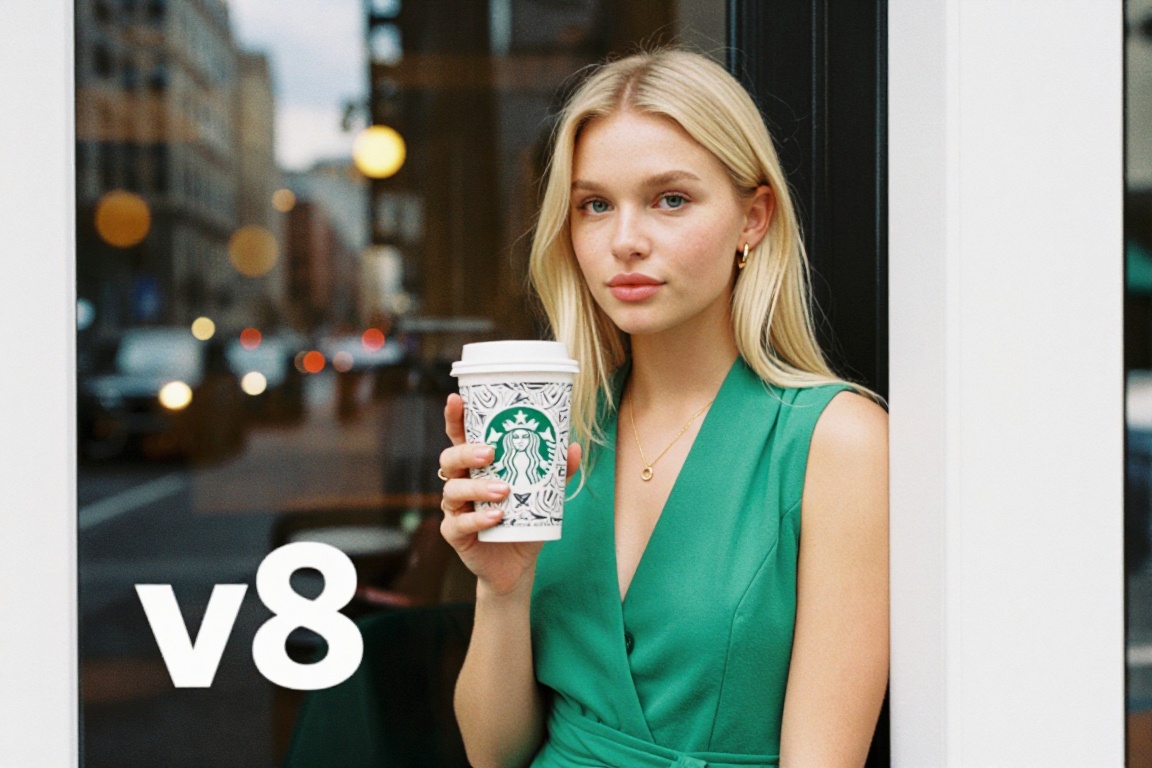 Casual photo- smr,  a Caucasian young woman,  in green romper outside a sophisticated Starbucks holding a coffee with intr...