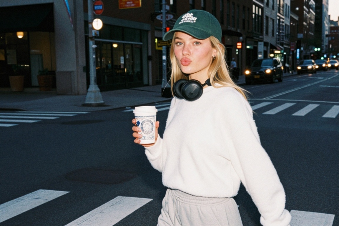 Casual photo- smr,  a young woman,  in white fur sweatshirt crossing road holding a coffee with intricate print on cup. NY...