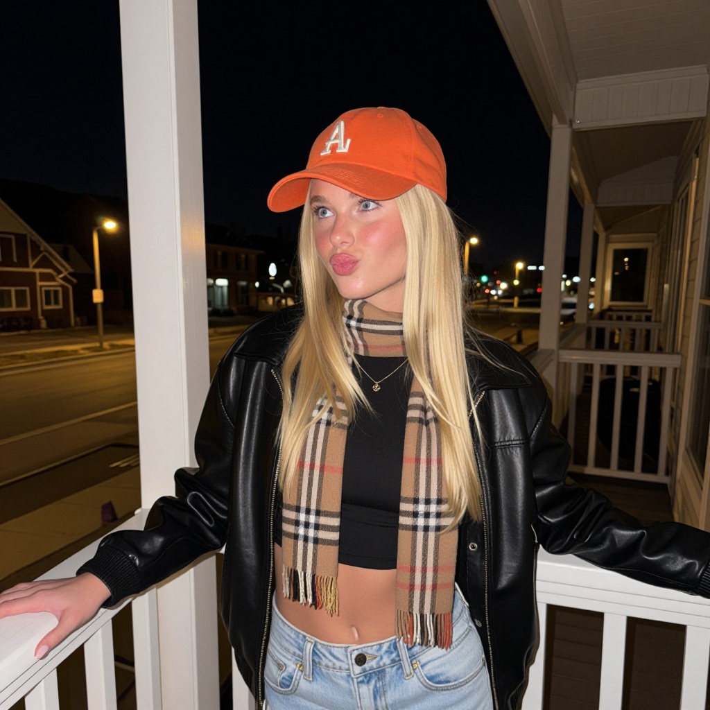 standing on a porch outside her house at night. a young Caucasian cute 18yo girl with a fair complexion. Slender physique,...
