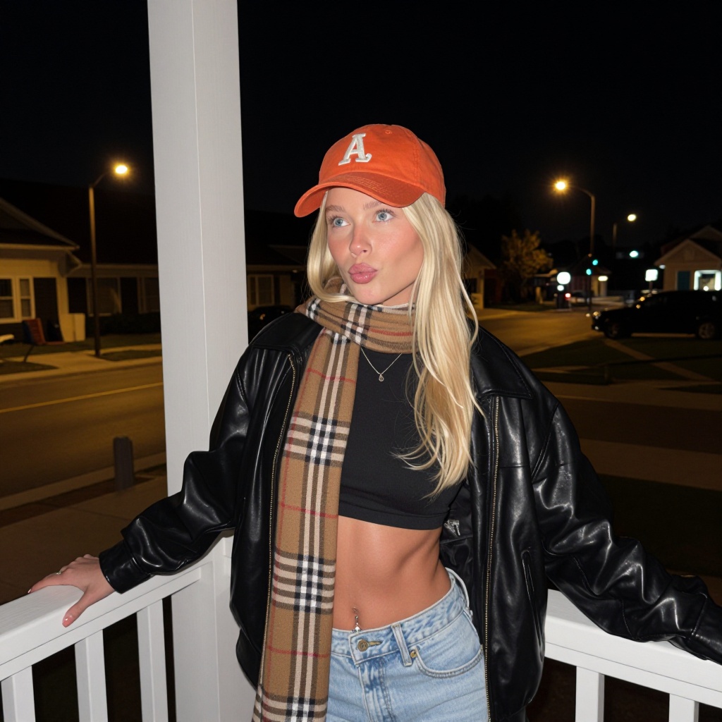 standing on a porch outside her house at night. a young Caucasian cute 18yo girl with a fair complexion. Slender physique,...
