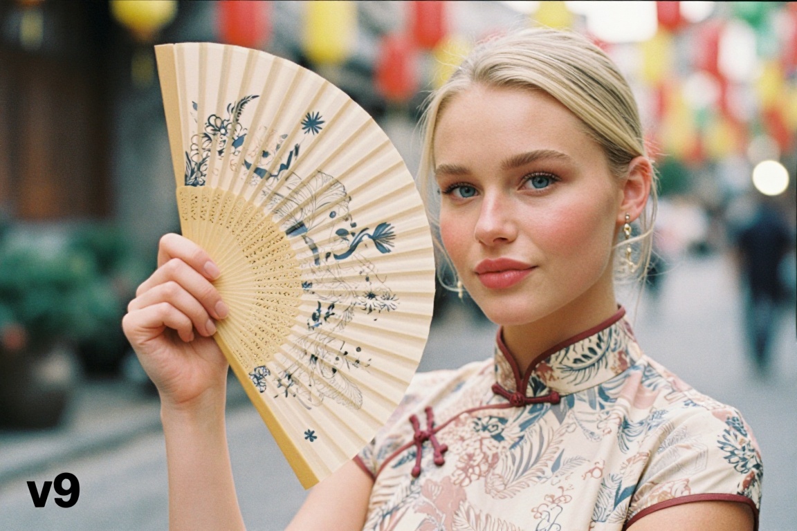 Casual photo- smr,  a Caucasian young woman,  in qipao at a sophisticated Chinese festival holding a hand fan with intrica...