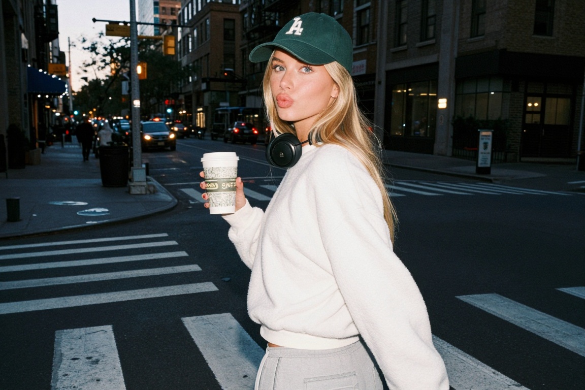 Casual photo- smr,  a young woman,  in white fur sweatshirt crossing road holding a coffee with intricate print on cup. NY...