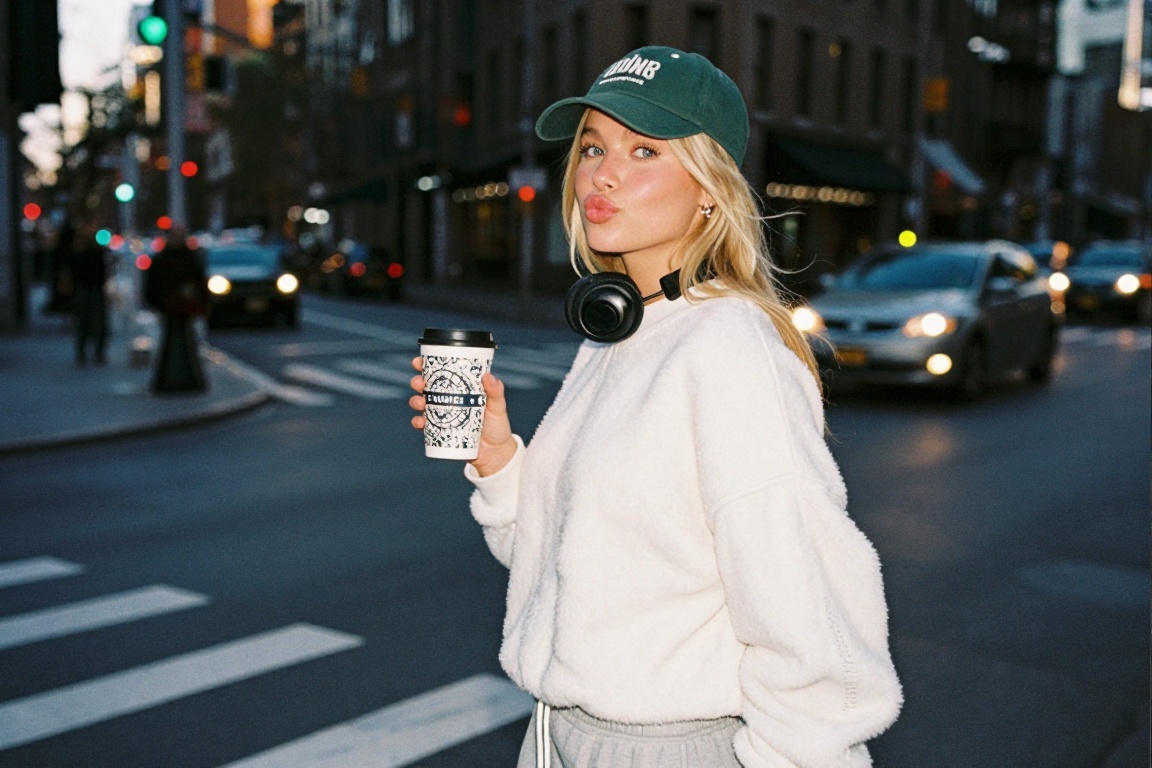 Casual photo- smr,  a young woman,  in white fur sweatshirt crossing road holding a coffee with intricate print on cup. NY...