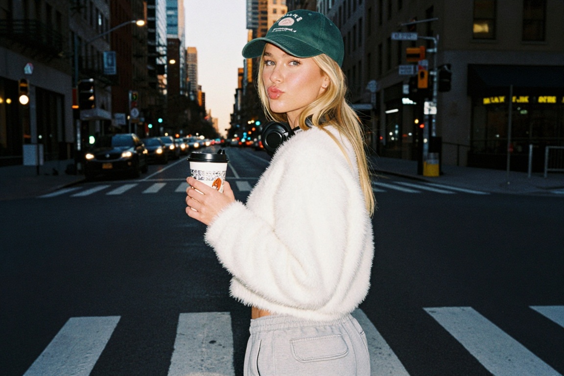 Casual photo- smr,  a young woman,  in white fur sweatshirt crossing road holding a coffee with intricate print on cup. NY...