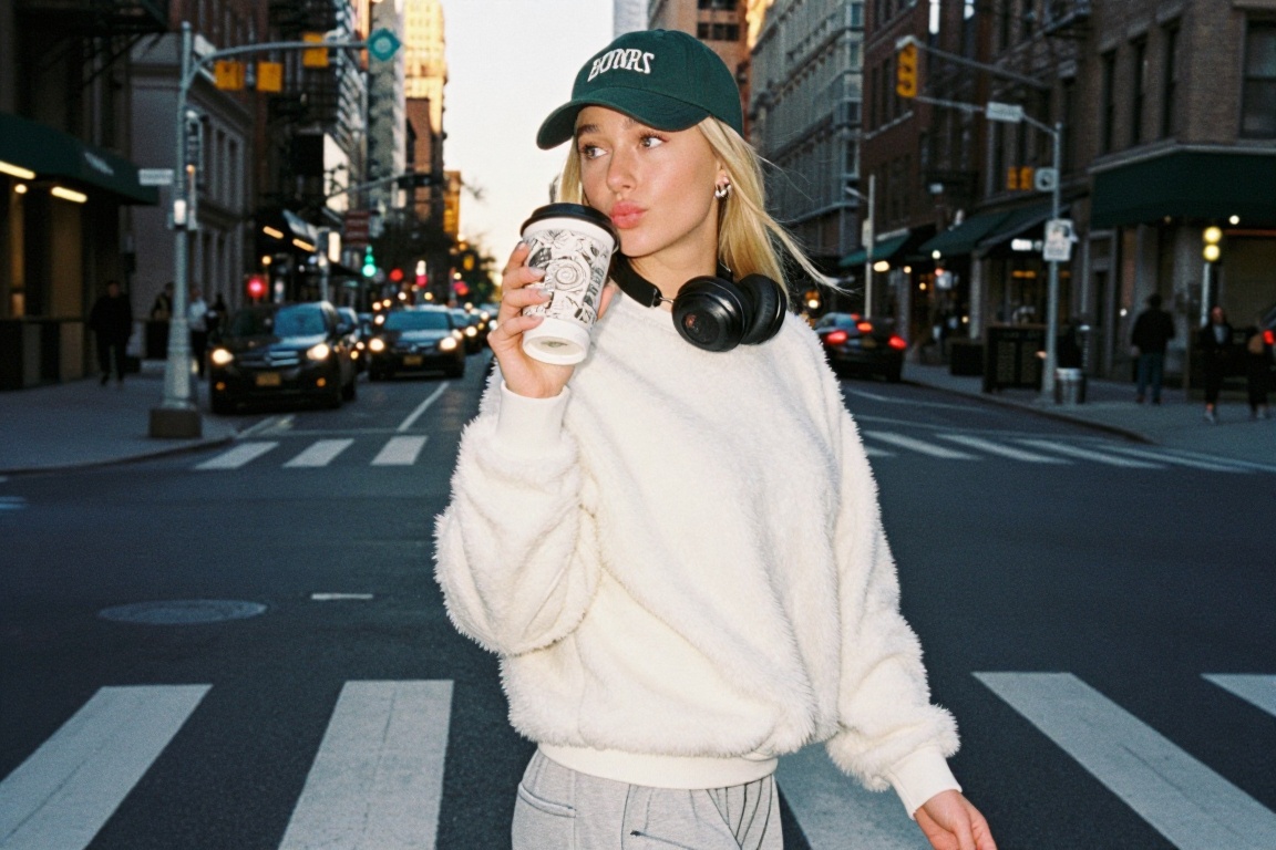 Casual photo- smr,  a young woman,  in white fur sweatshirt crossing road holding a coffee with intricate print on cup. NY...