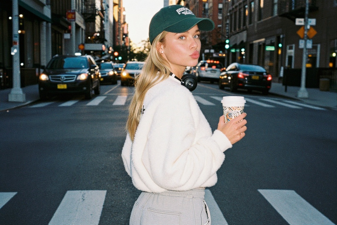 Casual photo- smr,  a young woman,  in white fur sweatshirt crossing road holding a coffee with intricate print on cup. NY...