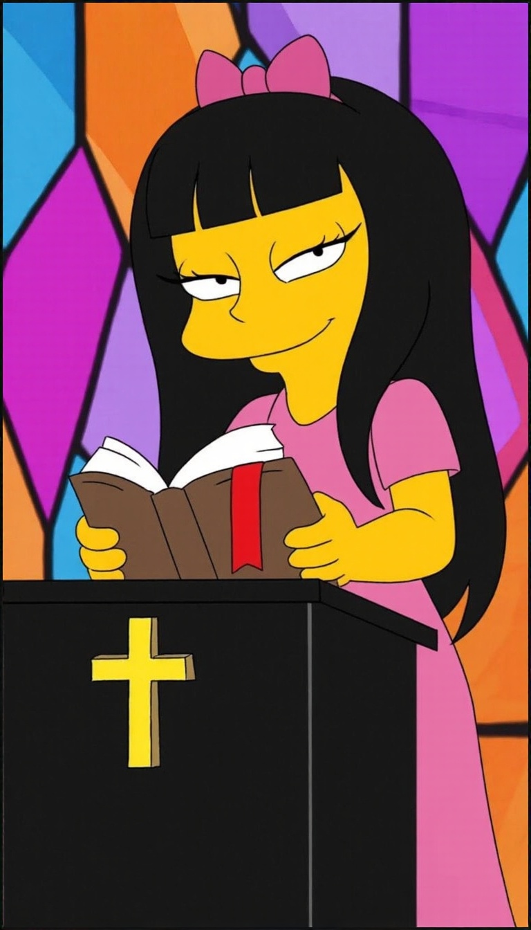 Jessica Lovejoy is a character with yellow skin,  long straight black hair,  and a pink bow on top of her head. She is sta...
