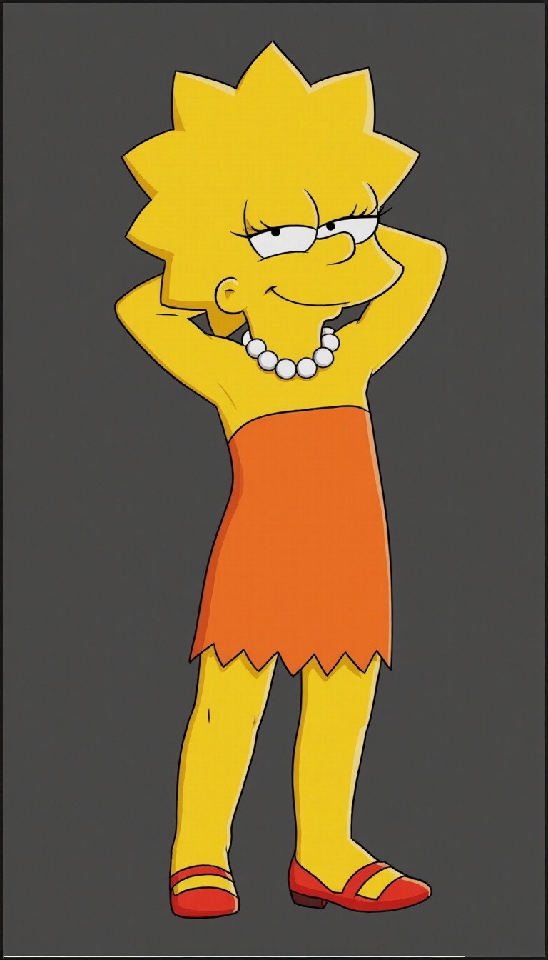 Lisa Simpson is depicted with her characteristic yellow skin and large angular spiky hair. Her eyes are half-closed in a r...