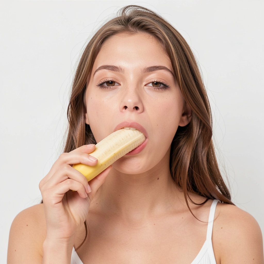 A young woman inserts a banana into her mouth. on Tensor.Art