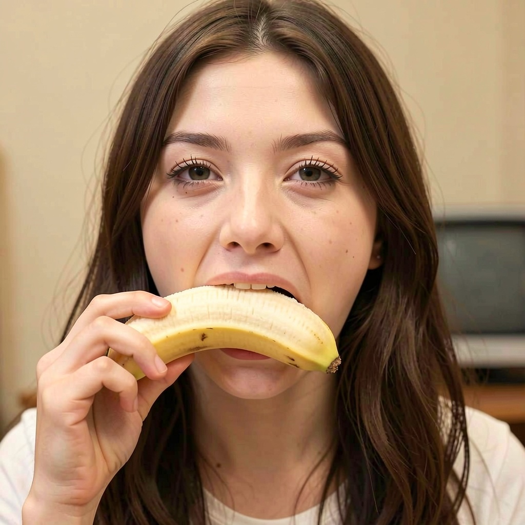 A young woman inserts a banana into her mouth. on Tensor.Art