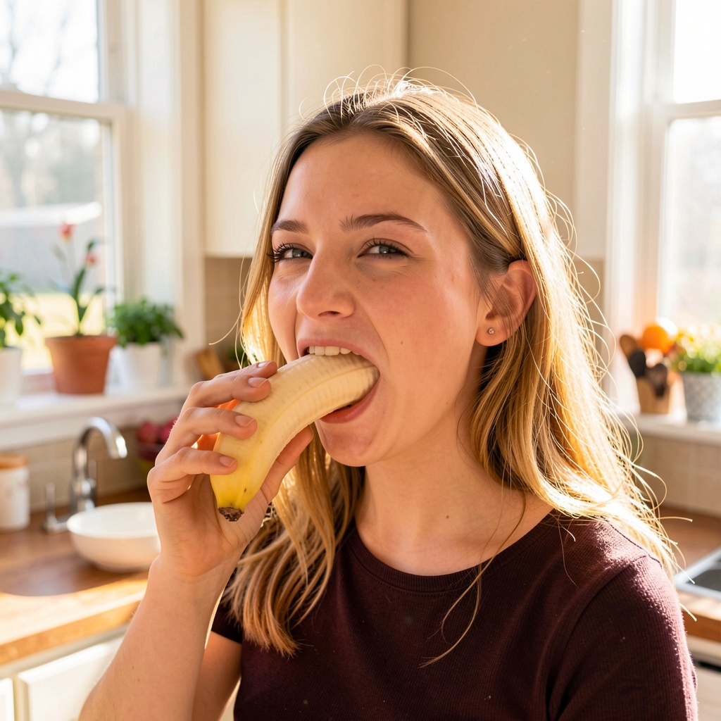 A young woman stands in a vibrant,  sunlit kitchen,  her fingers delicately inserting a perfectly ripe banana into her mou...