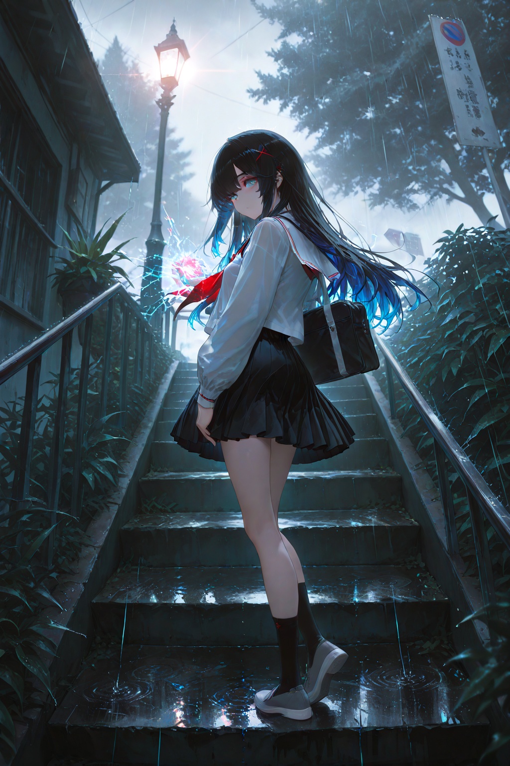 Depth of field,cold colors,lens Flare,(Artist: Quasi-ake :0.8),Extreme Aesthetics,(wlop:0.6),wanke,rella,wanke,Masterpiece,Best quality,good quality,latest,2024,2023,Very aesthetic,Absurd,Visual impact,electrodynamic force,Perspective composition,tension lens,Ultra High resolution,32K UHD,Sharp focus,Best quality,masterpiece,emotional masterpiece,unconventional to the highest level,exquisite detail,with high-end texture,fashion photography style,(visual) impact:1.2),give the poster a dynamic and visually striking look,impact pictures,official art,rich in color,splash of color,cinematic perspective,Masterpiece,best quality,amazing quality,very aesthetic,Absurd,best quality,Latest,Masterpiece,best quality,good quality,amazing contrast,a shot with tension,(Visual impact, to give the poster a dynamic and visually striking look:1.2),impactor pictures,official art,rich colors,splashes of color,movie perspectives,advertising styles,magazine covers,1girl,solo,long hair,looking at viewer,blue eyes,shirt,skirt,black hair,long sleeves,hair ornament,dress,school uniform,white shirt,full body,outdoors,pleated skirt,shoes,socks,serafuku,looking back,sailor collar,bag,black dress,tree,neckerchief,white footwear,black socks,x hair ornament,plant,red neckerchief,white sailor collar,rain,school bag,lantern,stairs,sign,railing,pleated dress,grey footwear,lamppost,road sign,