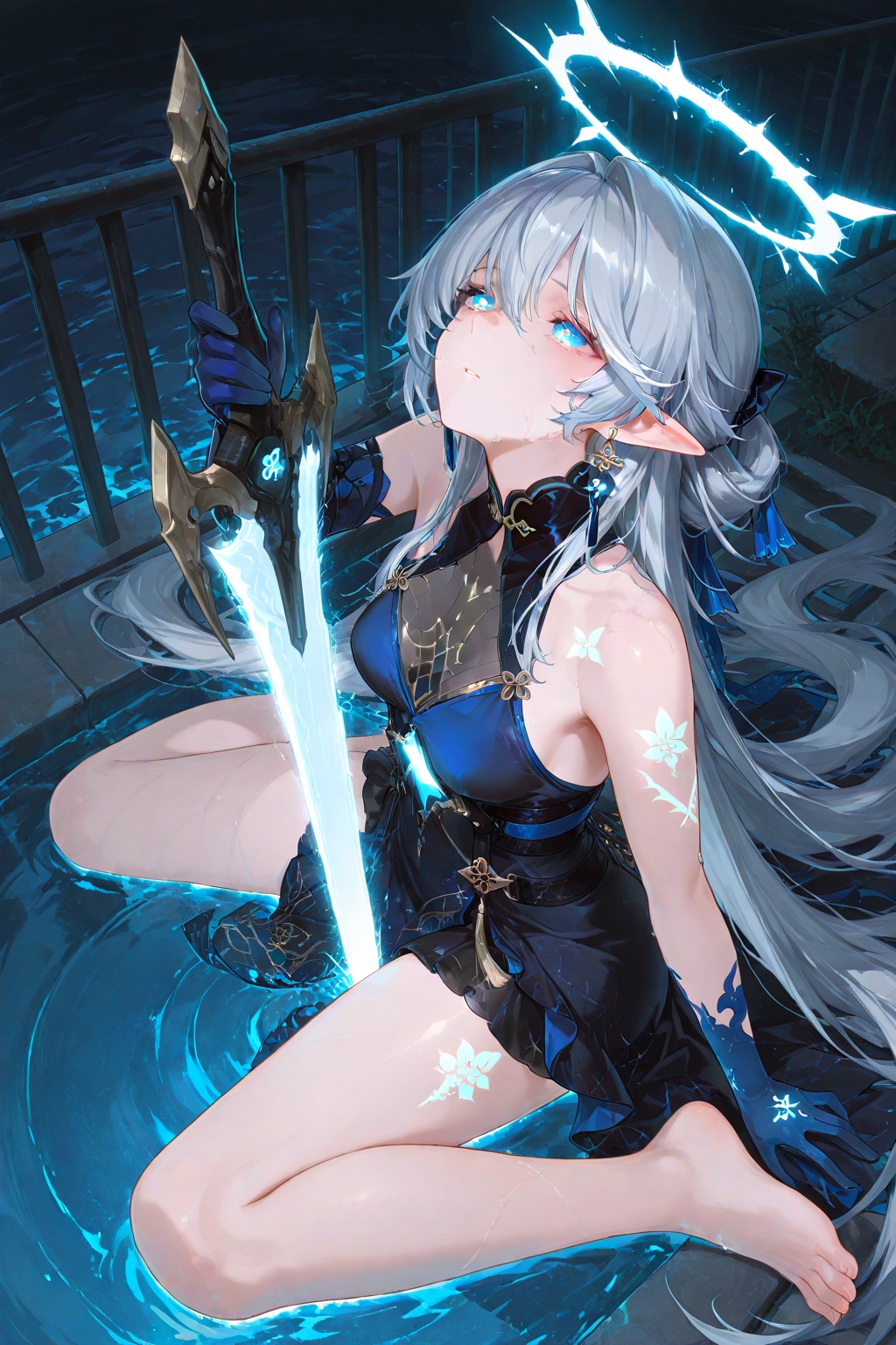 fleurdelys\\(wuthering waves\\),fleurdelys\\(wuthering waves\\),1girl,solo,halo,long hair,pointy ears,earrings,blue eyes,very long hair,grey hair,tattoo,jewelry,bare shoulders,breasts,dress,gloves,(blue dress:1.2),black dress,blue gloves,bare legs,barefoot,weapon,sword,holding sword,water,(glowing:1.8),fighting stance,exhausted,endured_face,railing sword,planted_weapon,wariza,looking_up,front view,from_above,dutch angle,face_focus,