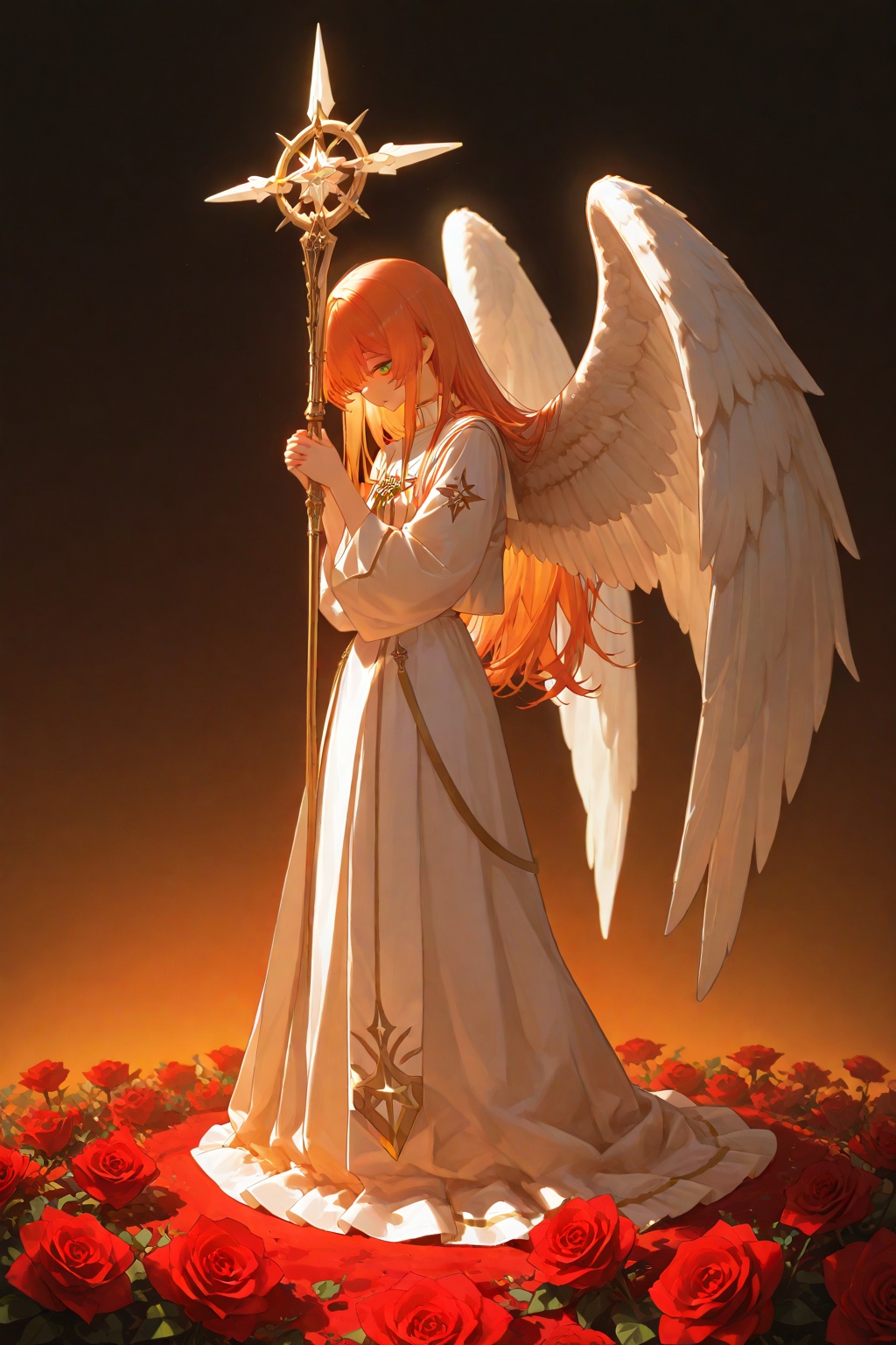 Muertu Style,angel,She stands gracefully,arms gently holding a scepter,head slightly bowed. Her face is serene,with tenderness and holiness in the eyes,as if praying devoutly or lost in thought. Large white wings spread behind her,with delicate textures,echoing the flowing light - white long dress. The skirt drapes naturally,with vivid folds.,
In terms of composition,the figure is centered,becoming the visual focus. Surrounding her are blooming flowers (mainly roses, in colors like pink, orange, red) and green plants. The warm - orange gradient background creates a hazy atmosphere. The close - up lens narrows the distance,highlighting details of her expression,clothing,and wings. Soft light and shadow,coming from the side and top,enhance the holy and dreamy feel,making the angel more touching.,