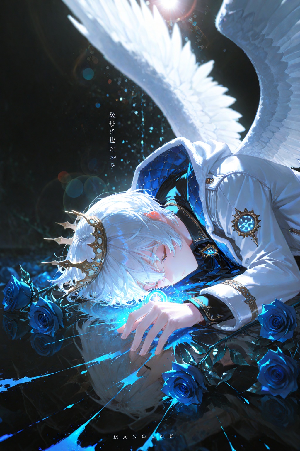 HX guangying,depth of field,lens flare,(visual impact:1.4),masterpiece,absurd,32k ultra high definition,sharp focus,(artist: quasarcake:0.8),(wlop:0.6),Vanke,Laila,vibrant color splashes,movie,solo, long sleeves, 1boy, jacket, closed eyes, flower, white hair, male focus, wings, english text, rose, crown, feathered wings, blue flower, blue rose, sample watermark, bishounen
