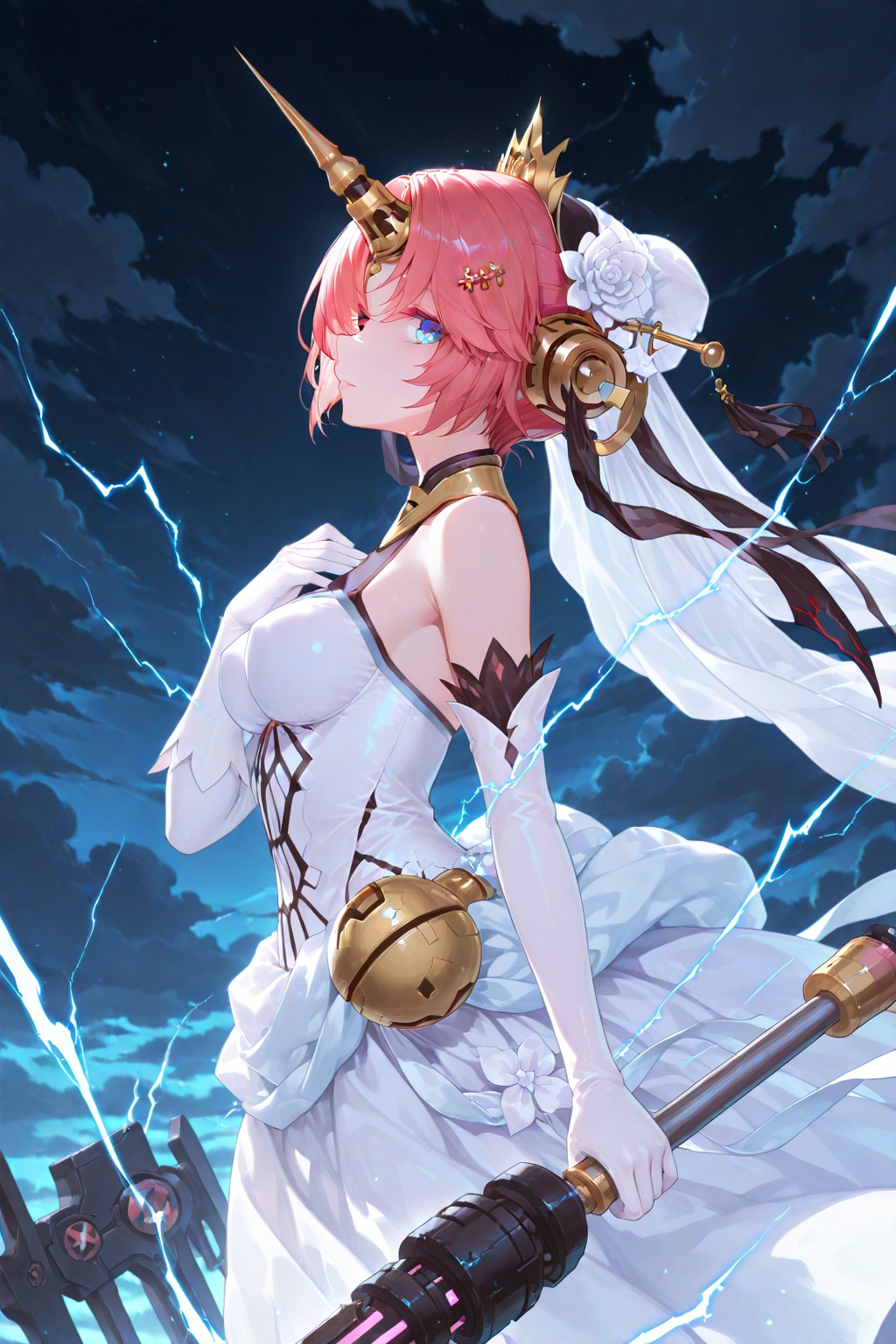 1girl, solo, frankenstein's monster \(fate\), single horn, horns, dress, gloves, blue eyes, mechanical horns, white gloves, short hair, white dress, veil, weapon, elbow gloves, sky, flower, bare shoulders, cloud, holding, hand on own chest, profile, breasts, from side, headgear, hair ornament, holding weapon, looking at viewer, night, cloudy sky, hair flower, electricity, detached sleeves, standing, xxhanfu halo cyber phoenix crown, (\shuang hua\)

