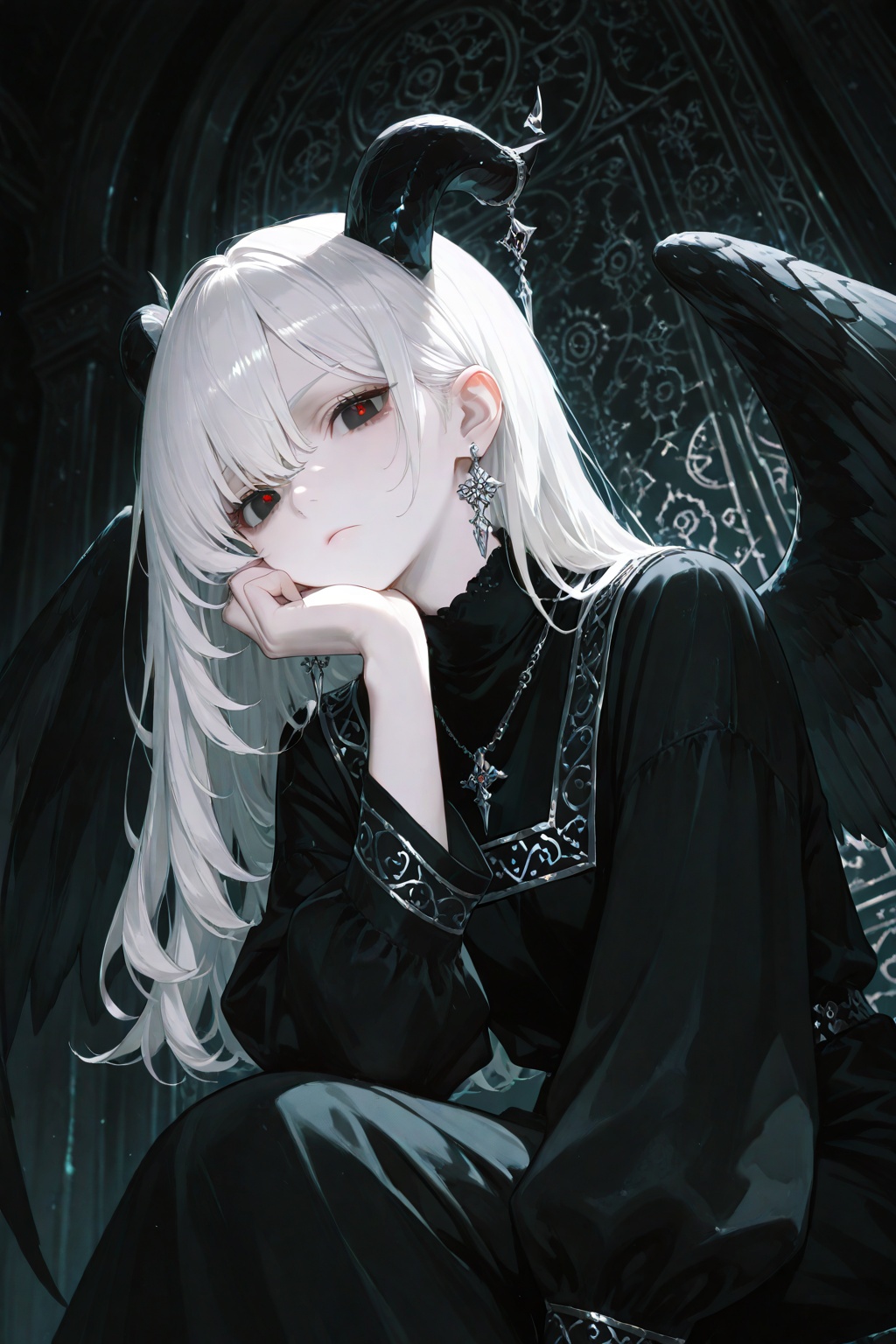 a digital illustration shoot from a portrait camera angle about a fantasy character with horns and wings,dressed in a dark outfit with intricate details,the image also shows a serene and mystical atmosphere,on the middle of the image,a young woman with pale skin and long,wavy white hair,who appears to be in her early twenties,is sitting with her hand on her chin,looking directly at the viewer with a serious expression,she has large,curved horns on her head and is wearing a black dress with silver accents,along with earrings and a necklace,her wings are black and have intricate patterns,the background is dark and moody,with a hint of a mystical setting,