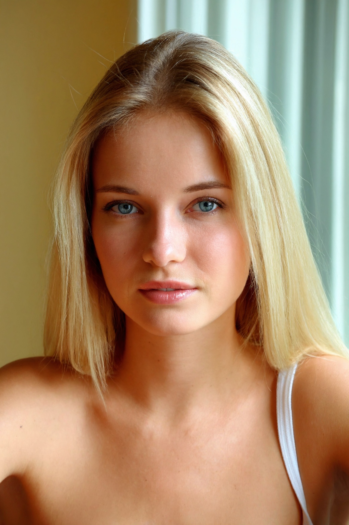 SUBJECT: woD4n1,  blonde woman with natural straight hair and minimal makeup CLOTHING: simple white **** top strap visible...