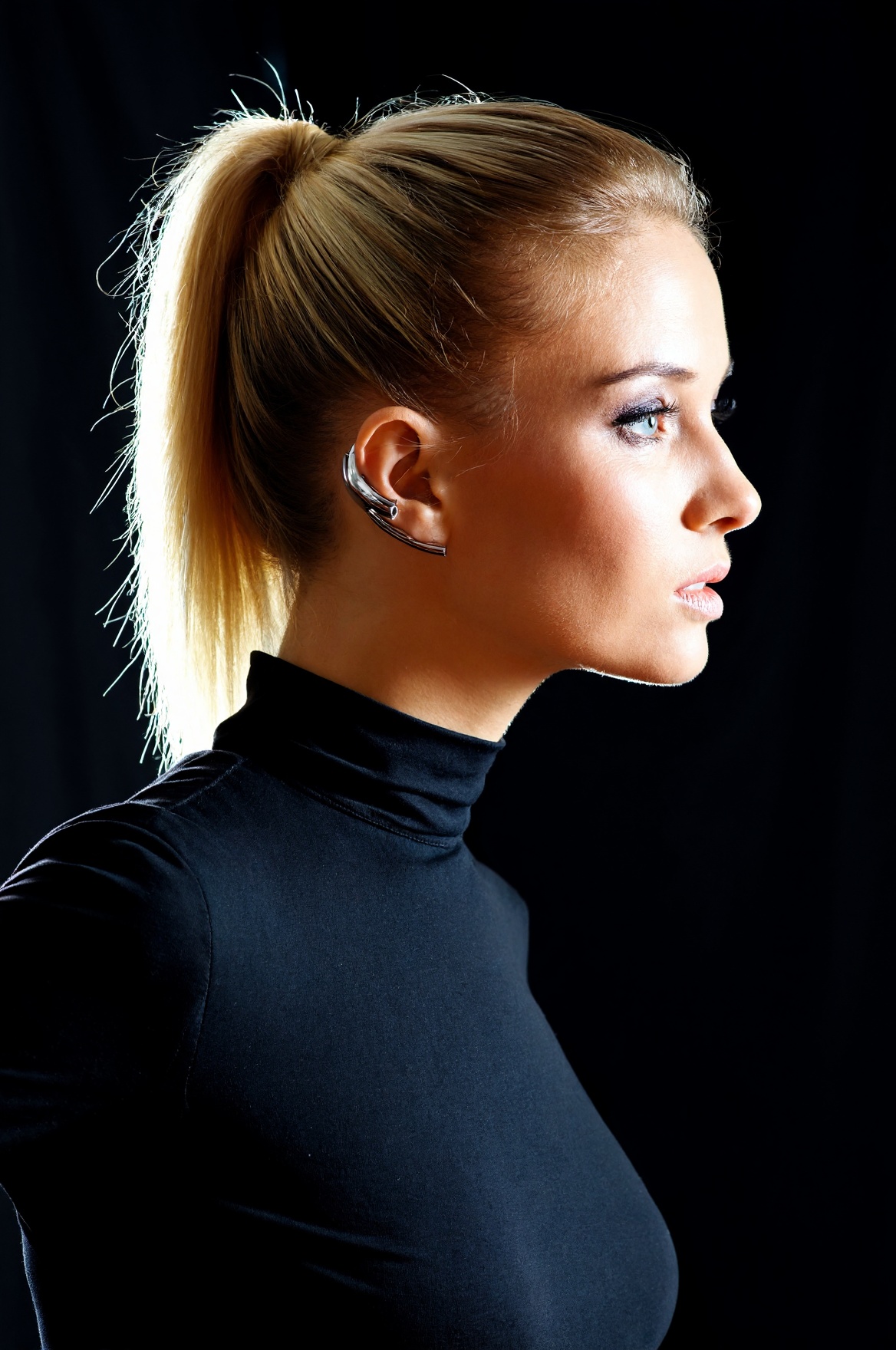 SUBJECT: woD4n1,  blonde woman with slick high ponytail CLOTHING: high-neck black top ACCESSORIES: metallic ear cuff POSE:...