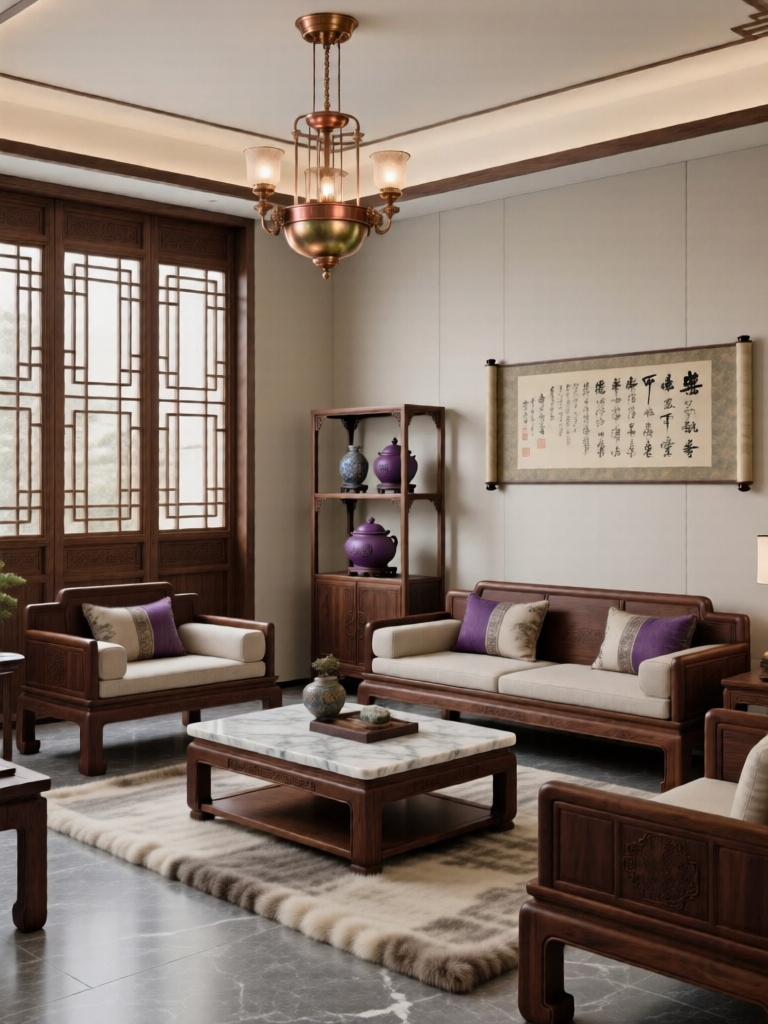 SNTY,  中式轻奢客厅中,  深棕实木沙发配大理石茶几 by OD1809 on Tensor.Art