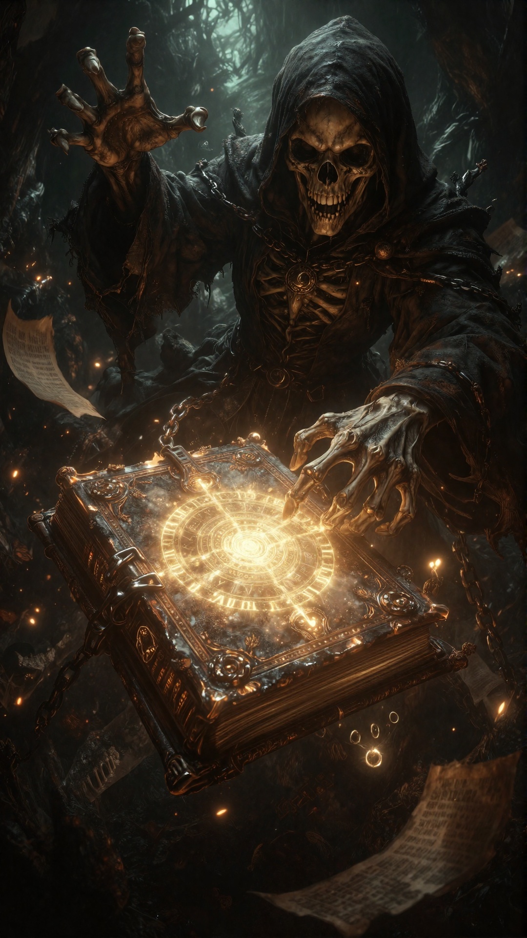 This is a highly detailed,  digital fantasy artwork depicting a skeletal figure with a menacing grin,  dressed in a tatter...